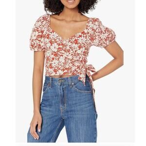 Madewell Anita Linen Puff Sleeves Floral Wrap Top Size Small